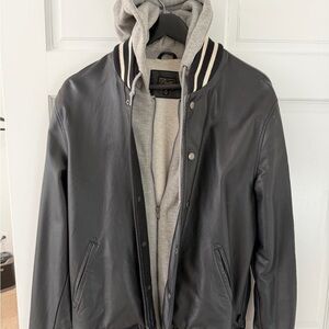Obey Black Leather Bomber Jacket with Gray Hoodie - Size Medium